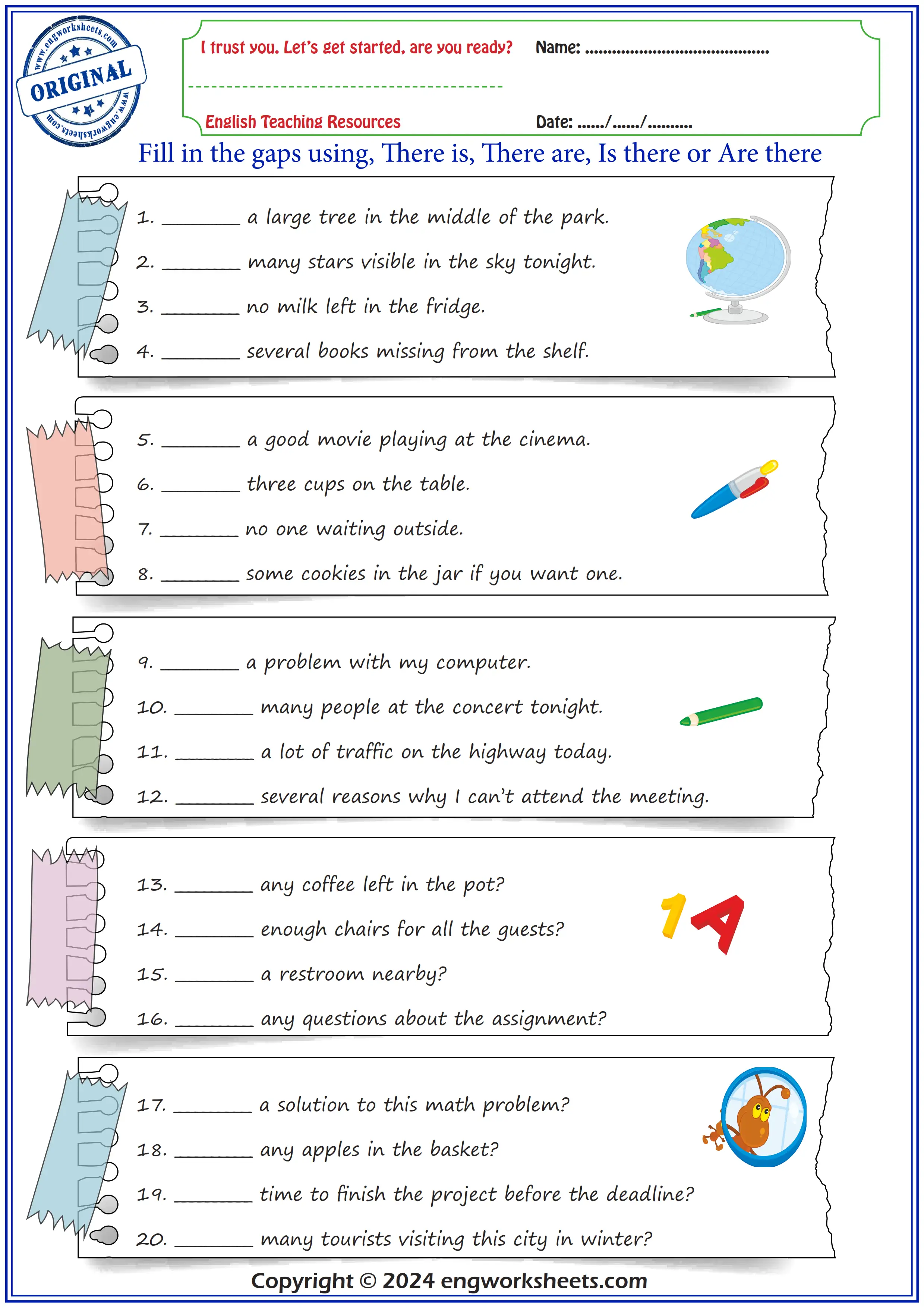 Fill in the gaps using, There is, There are, Is there or Are there Worksheet Preview